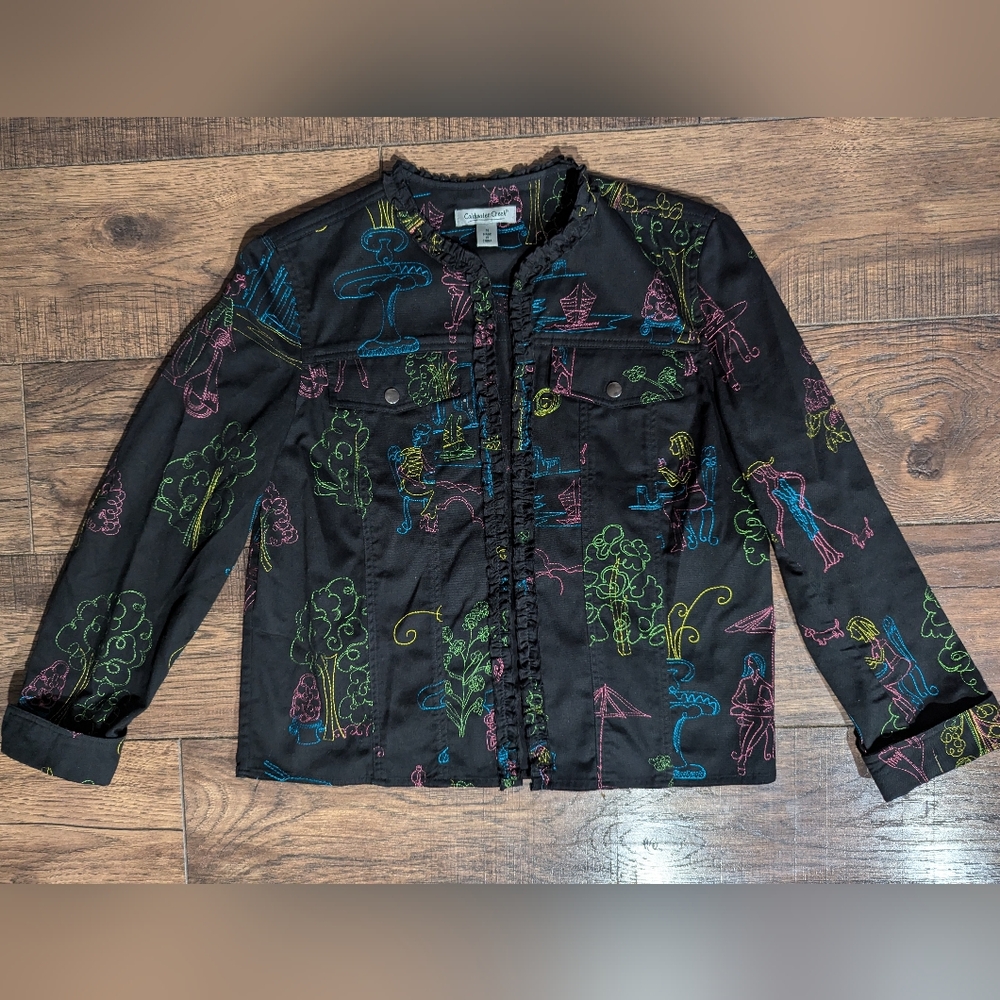 ColdWater Creek Colorful Embroidered Black Denim Jacket Med Ruffle Collar NWOT